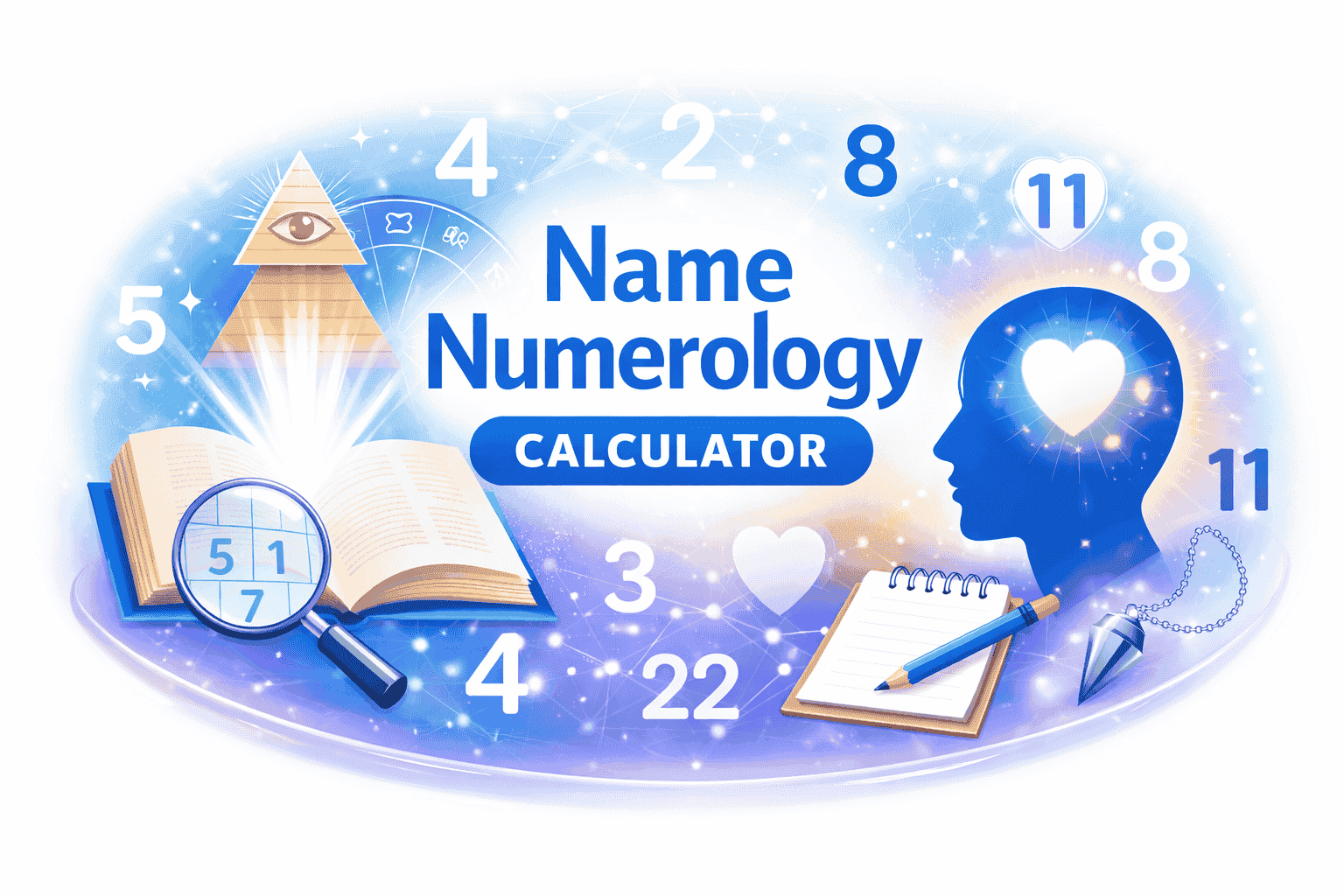 Professional Name Numerology Calculator feature image with mystical symbols, numbers, letters, and