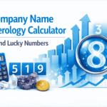 Feature image for a Company Name Numerology Calculator showing lucky numbers, numerology graphics, a magnifying glass, calculator, and symbols of business success.