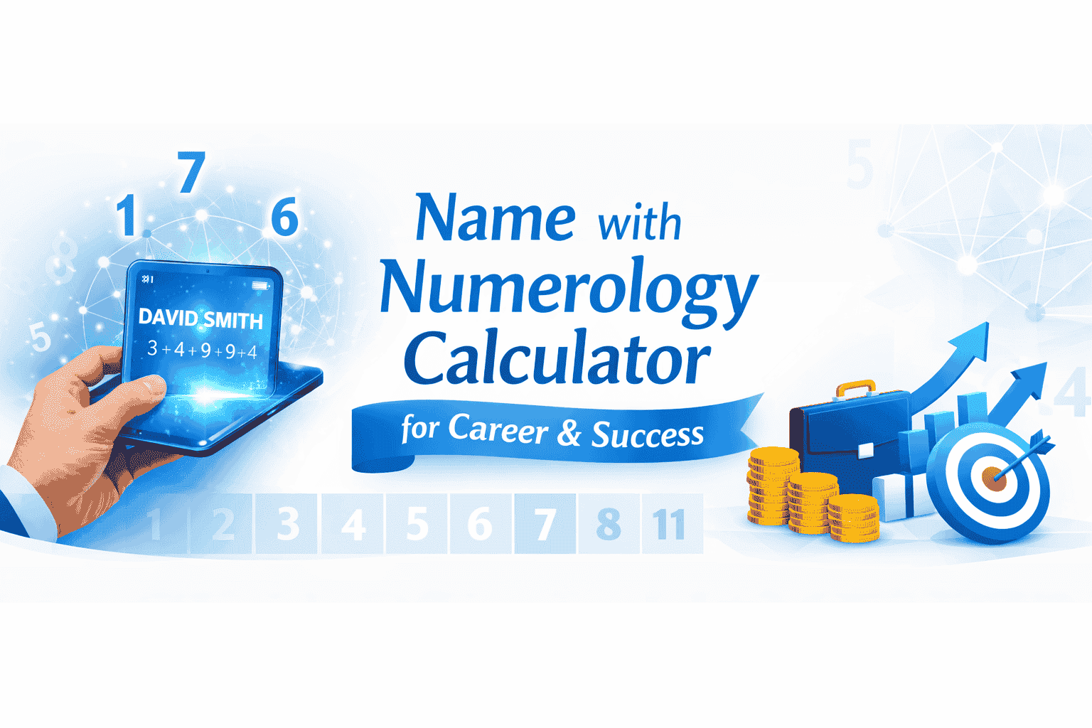 Name with Numerology Calculator for Career and Success illustration showing numerology numbers, name calculation on tablet, and career growth symbols