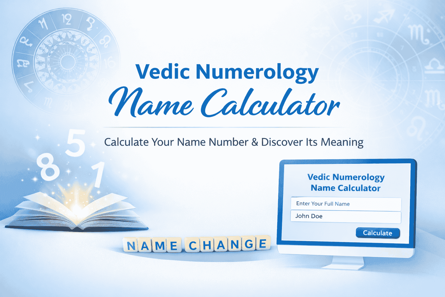 Vedic Numerology Name Calculator showing how to calculate your name number with cosmic symbols and numerology charts